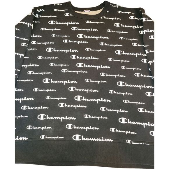 Champion Black White Men's Powerblend AOP Crewneck Logo Sweatshirt XL - Picture 5 of 13